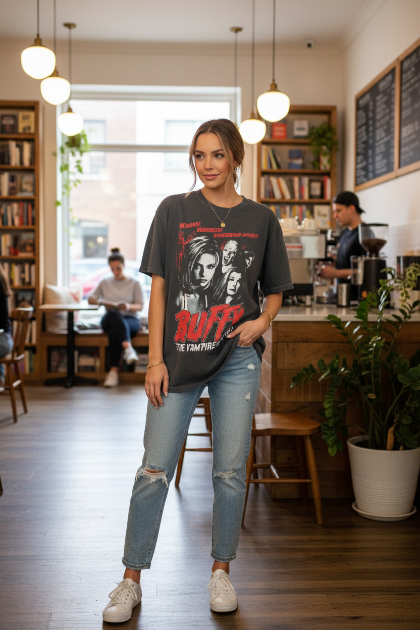 Woman in Buffy t-shirt - Coffee Shop
