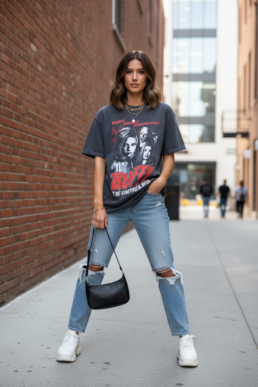 Woman in Buffy t-shirt - Urban Brick Wall