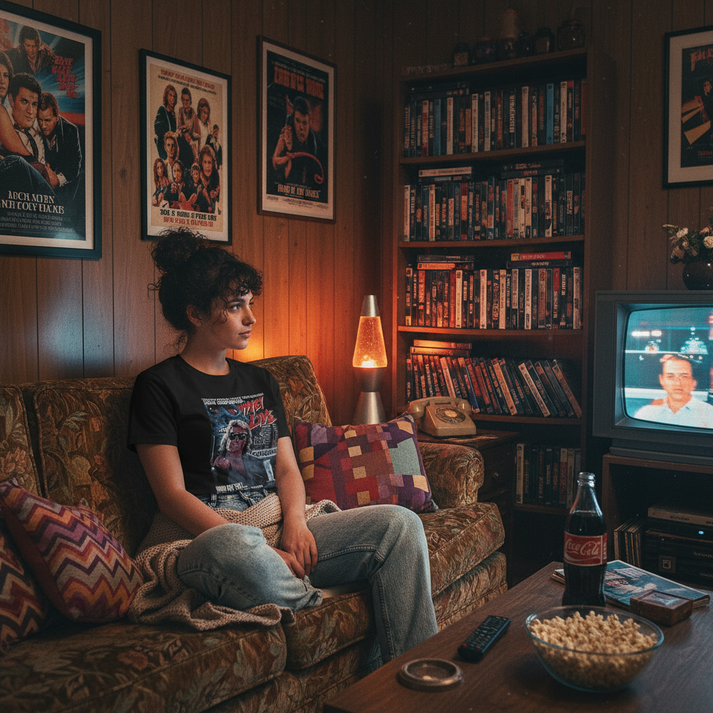 Woman in cozy 80s living room