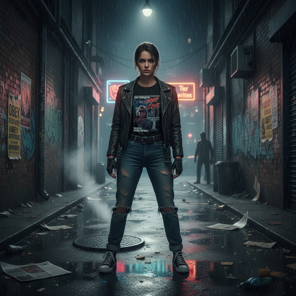 Woman in gritty 80s urban setting