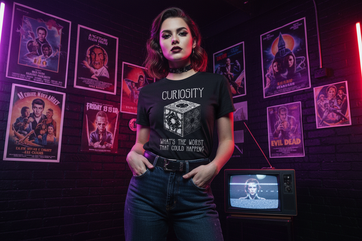 Curiosity - Hellraiser Tee Woman in Horror-Themed Room