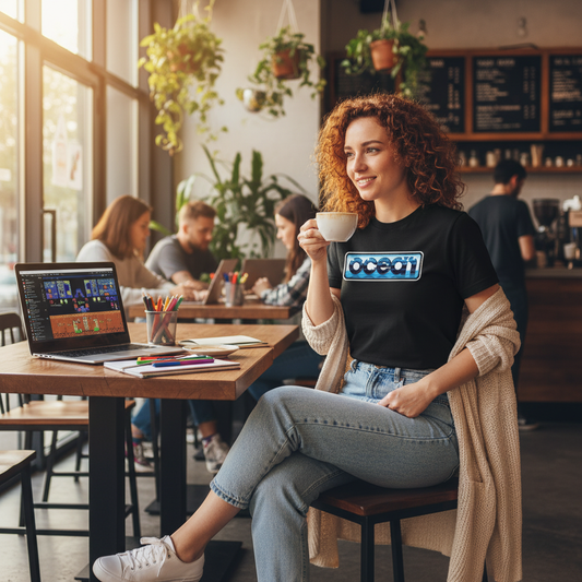 Woman in Ocean Software shirt - coffee shop