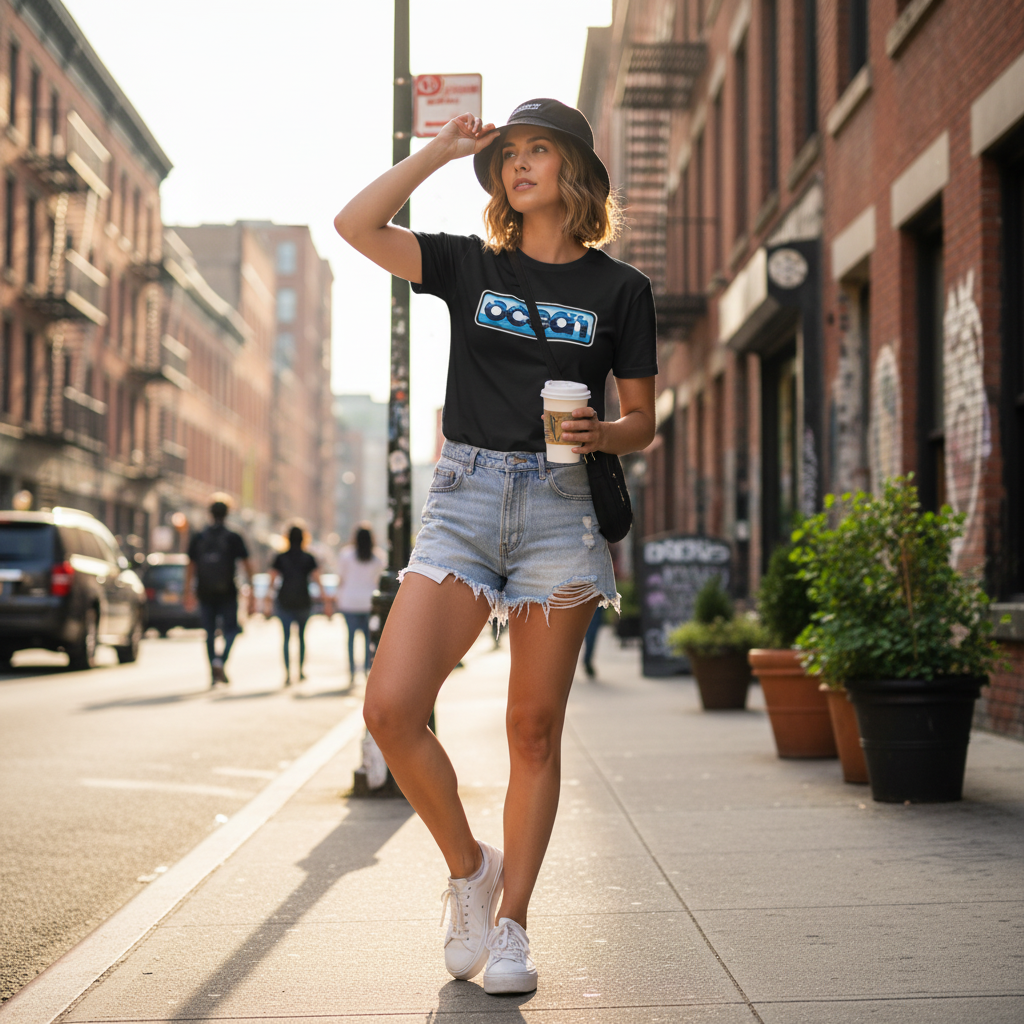 Woman in Ocean Software shirt - outdoor