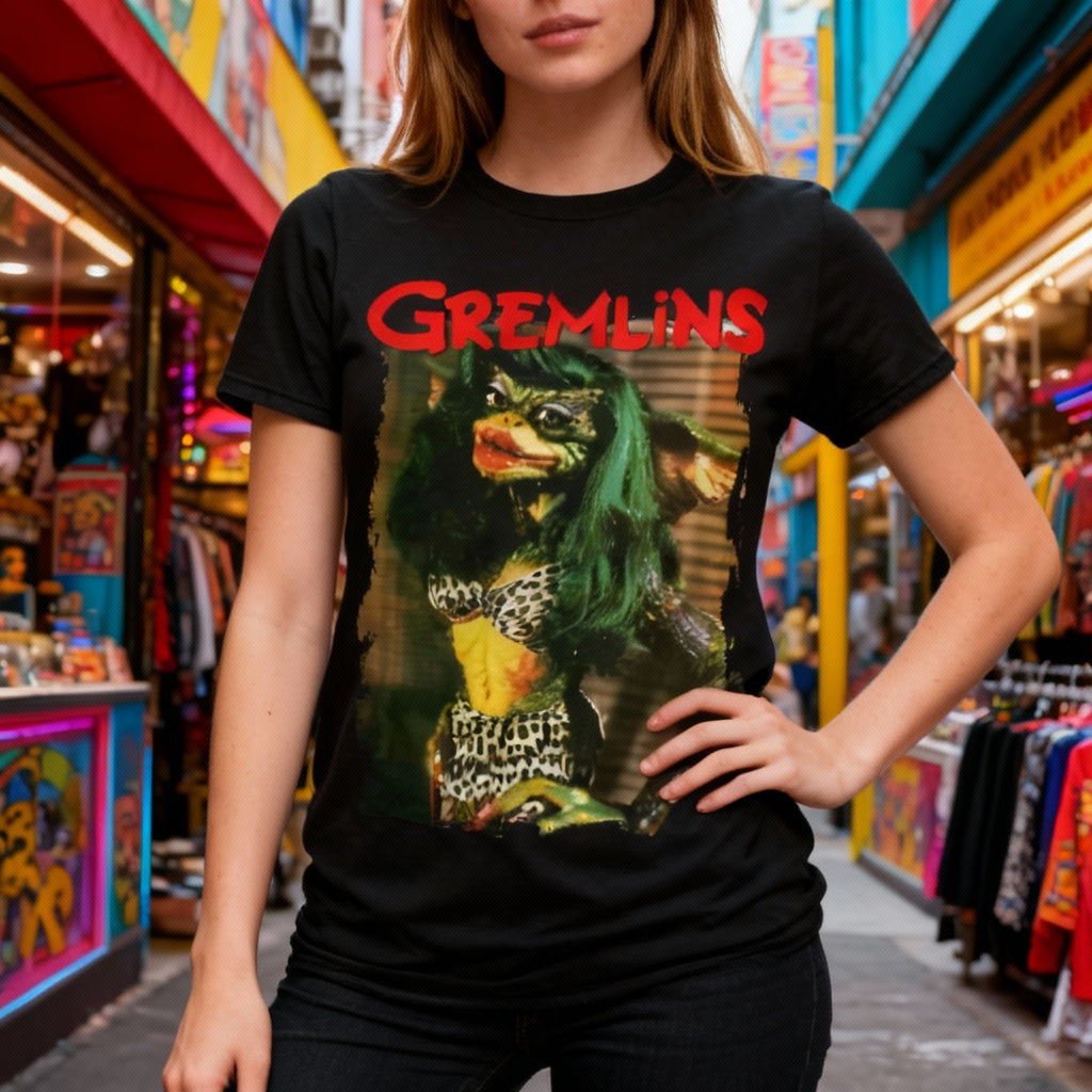 Woman in trendy setting wearing Greta Gremlins shirt