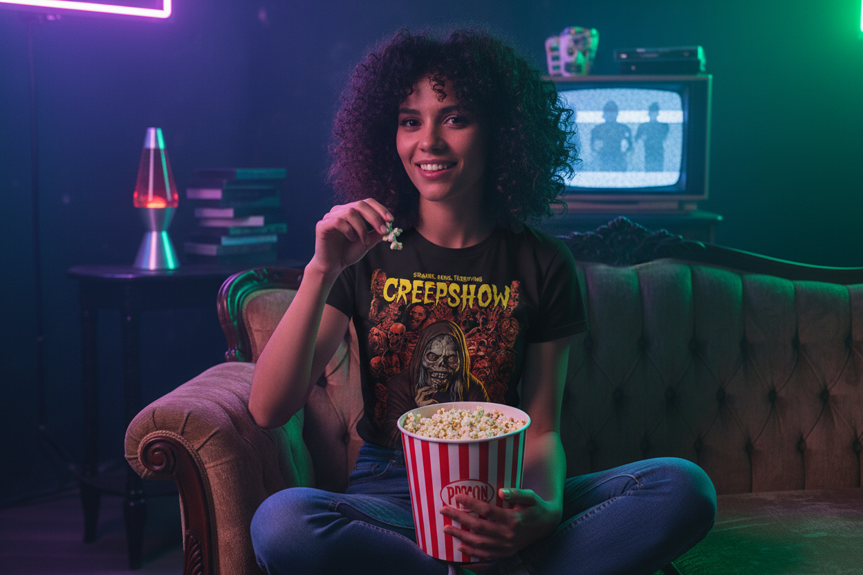 Woman wearing Creepshow t-shirt on couch