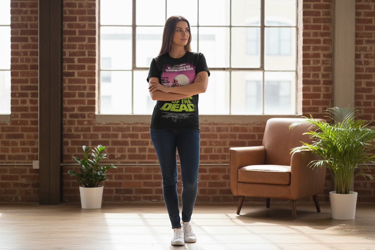Woman wearing Dawn of the Dead t-shirt - casual setting