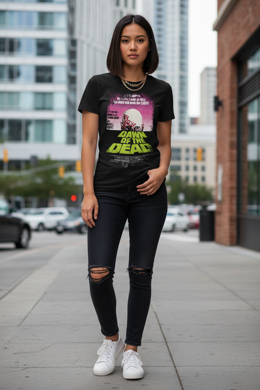 Woman wearing Dawn of the Dead t-shirt - urban portrait