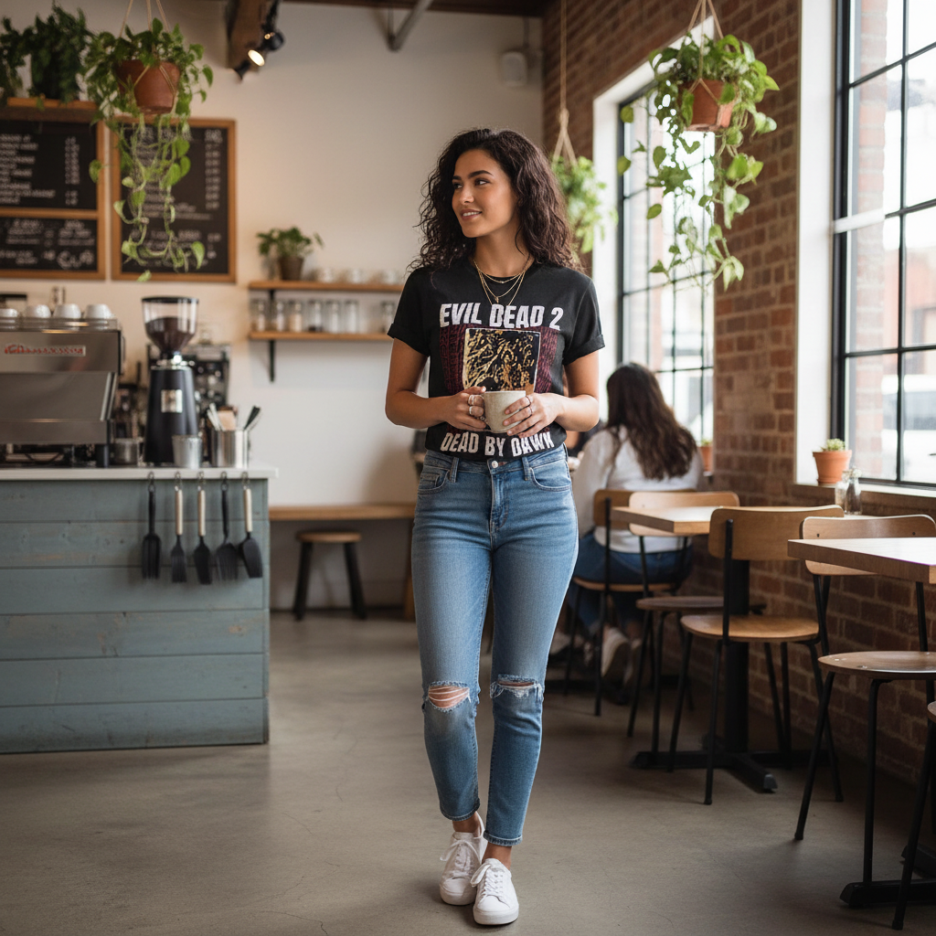 Woman wearing Evil Dead 2 t-shirt in coffee shop