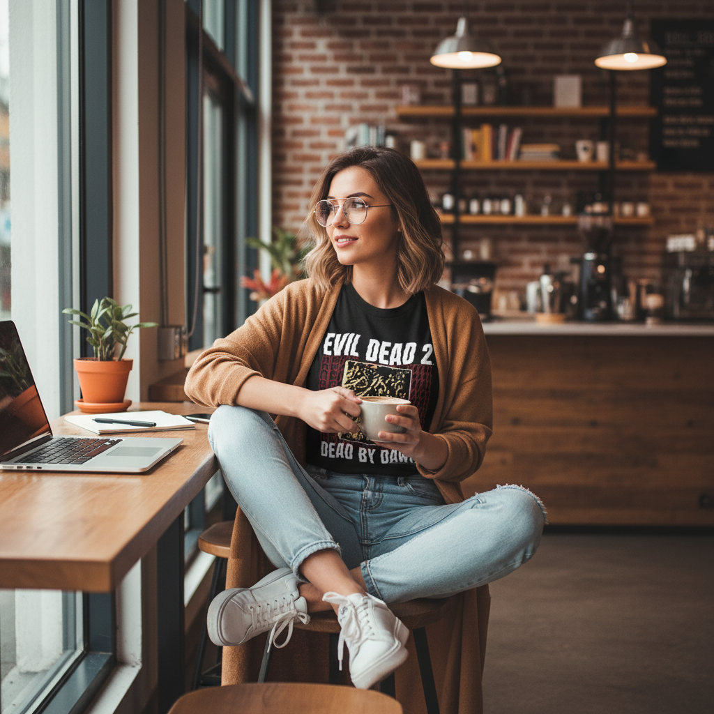 Woman wearing Evil Dead 2 t-shirt in coffee shop