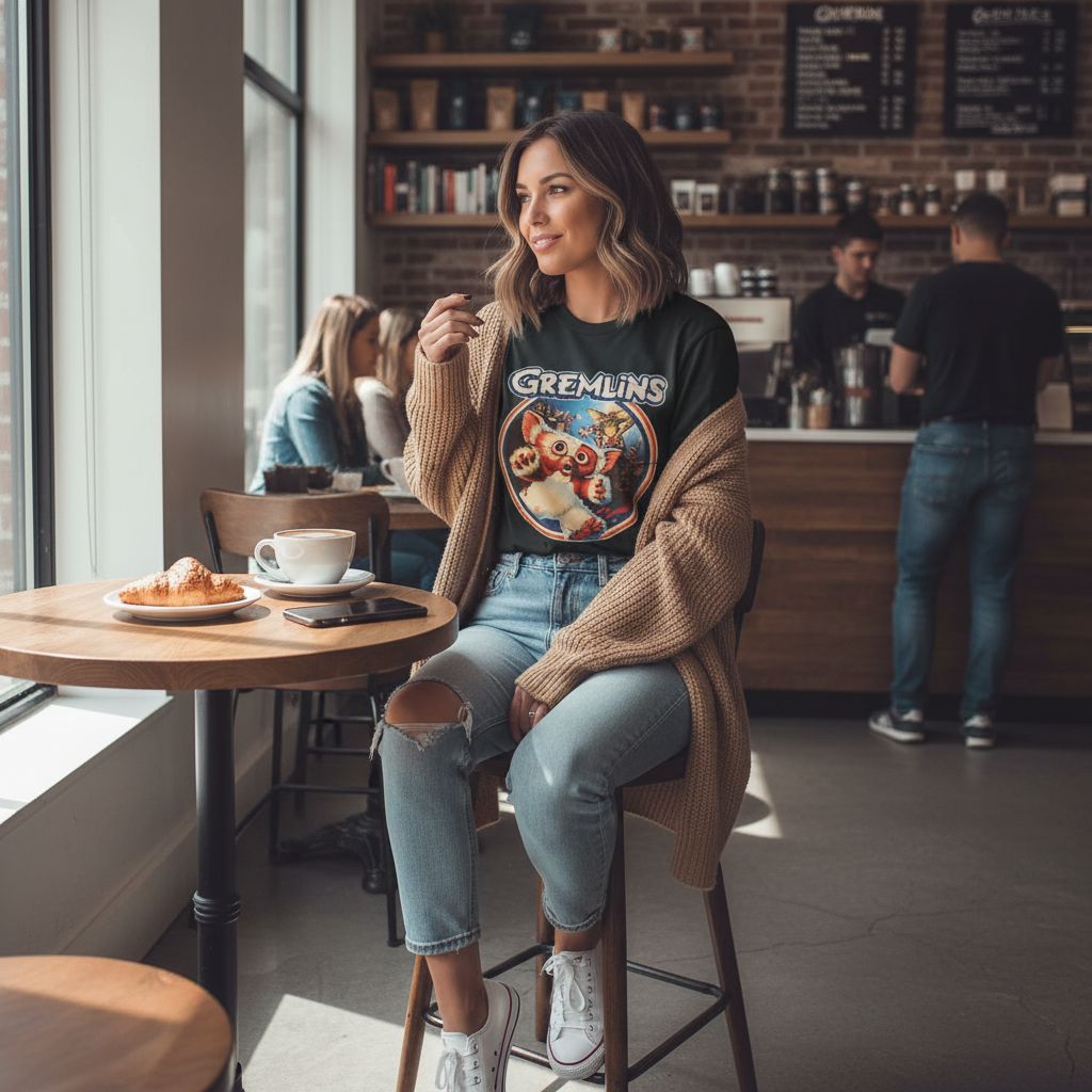 Woman wearing Gremlins t-shirt - coffee shop