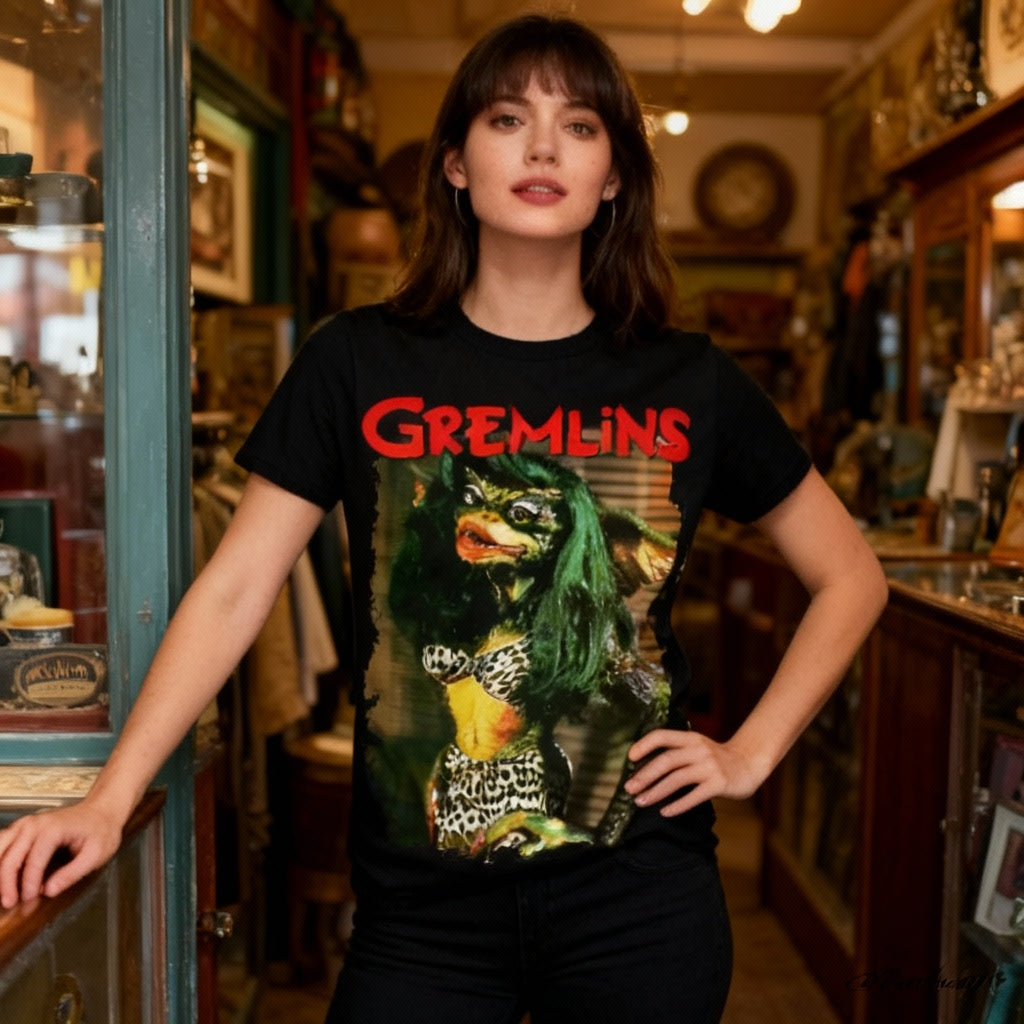 Woman wearing Greta Gremlins 2 shirt in casual setting