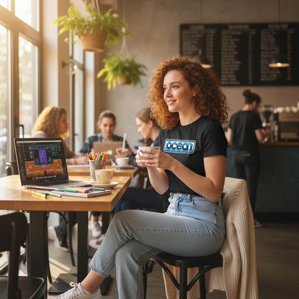 Woman wearing Ocean Software shirt - coffee shop