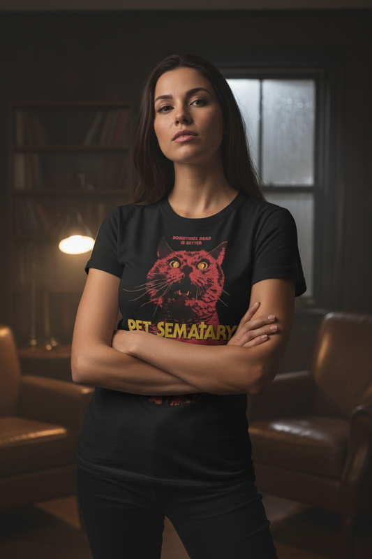 Woman wearing Pet Sematary t-shirt indoors