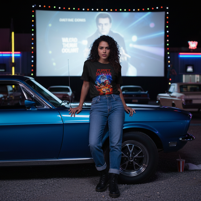 Woman wearing Puppet Master t-shirt at drive-in