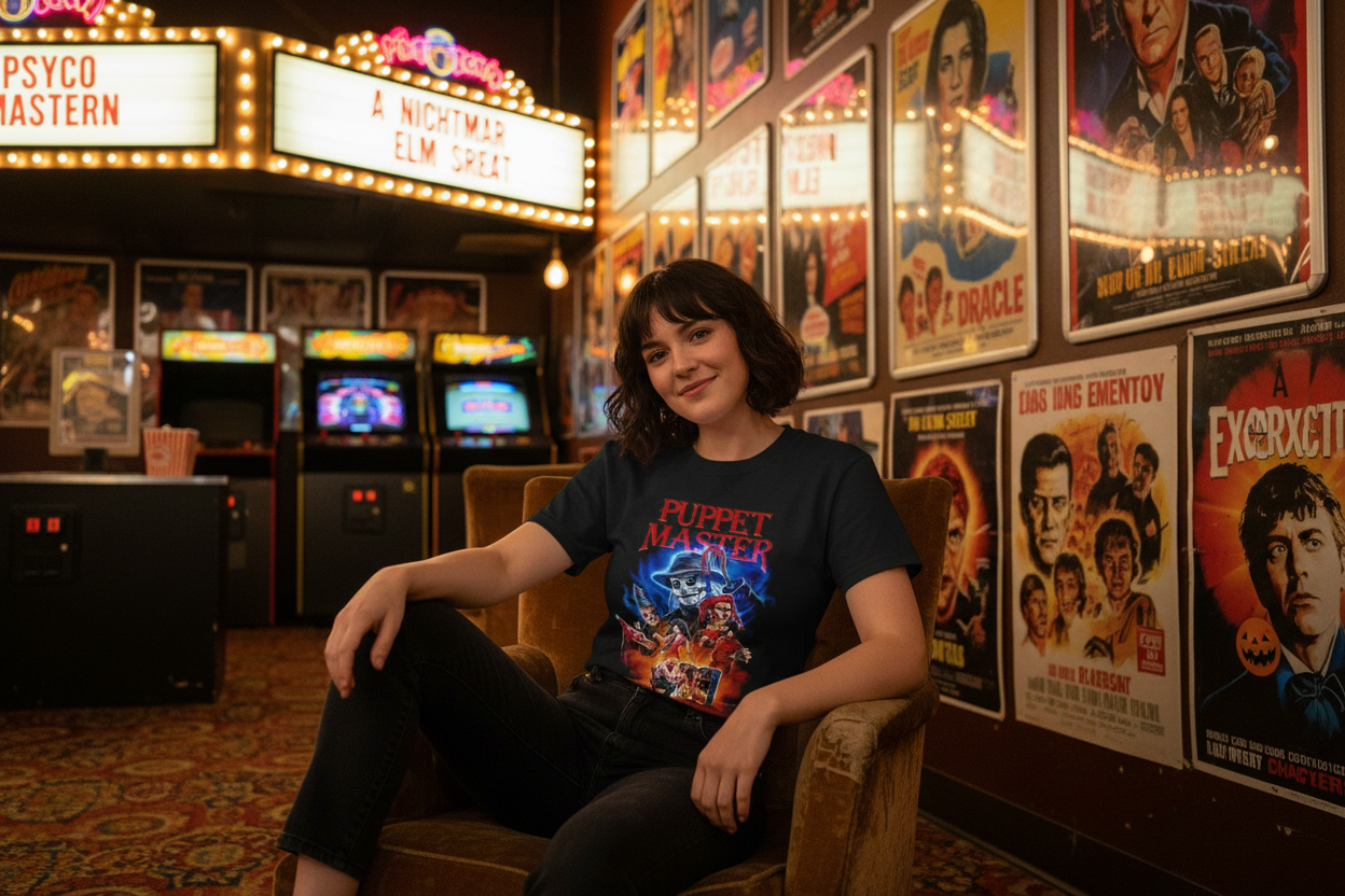 Woman wearing Puppet Master t-shirt in retro arcade