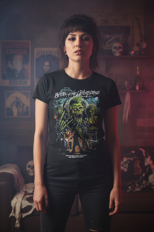 Woman wearing Return of the Living Dead t-shirt indoors