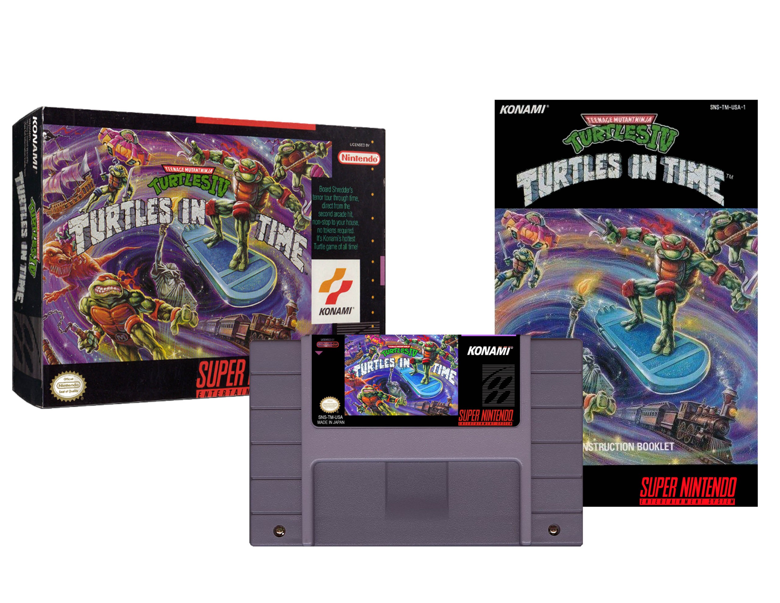 Teenage Mutant Ninja Turtles IV: Turtles in Time (Super Nintendo, SNES) -  Reproduction Video Game Cartridge with Replica Retail Box, Manual, Cart  Tray, and Protective Plastic Box - CrebbaTECH - High-Quality Retro